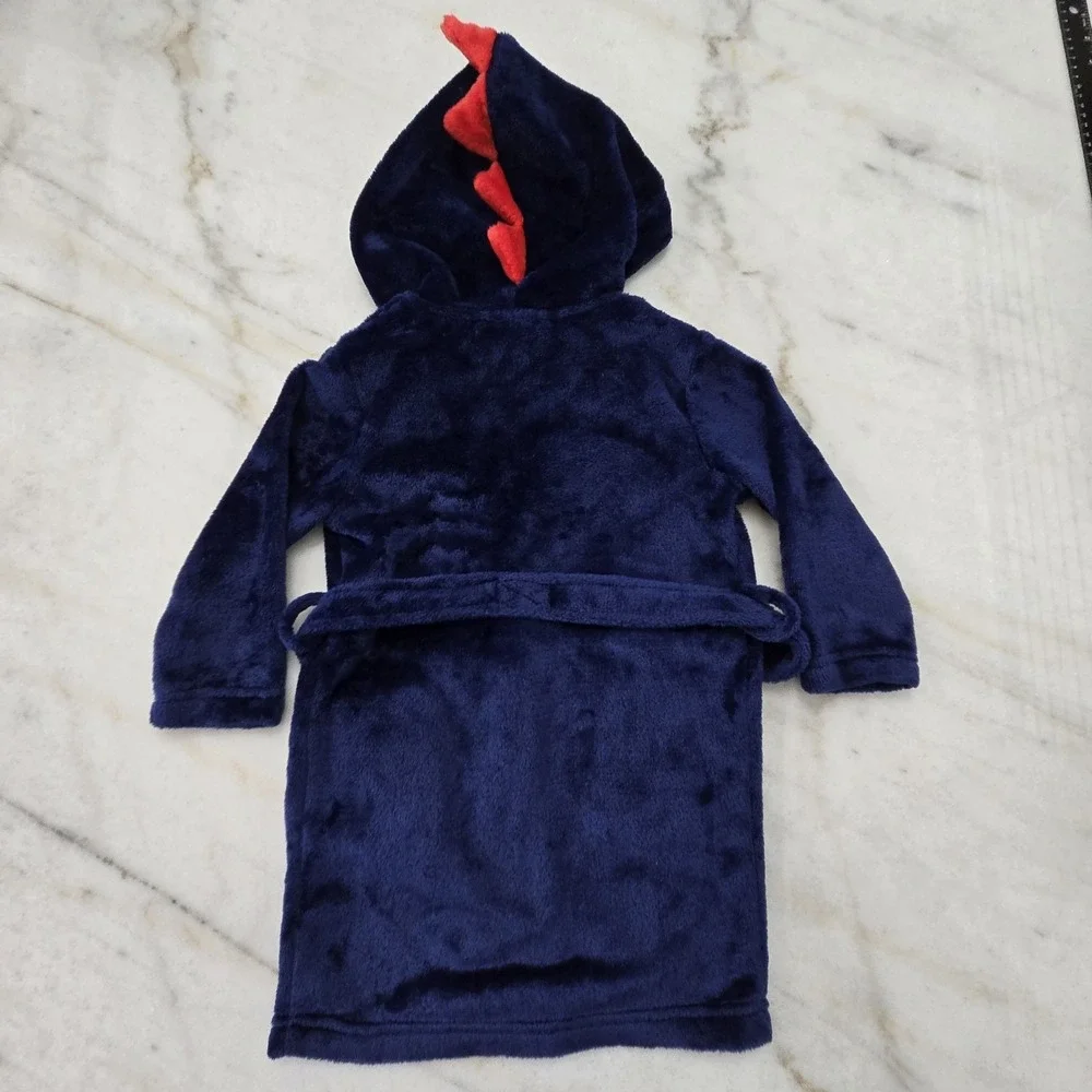 Okie Dokie Cozy Fleece Bath Robe Boys 2T‎ Hooded Dinosaur Themed w/Pockets Blue